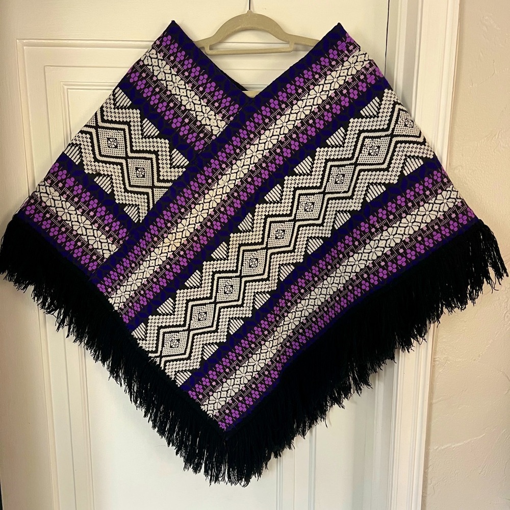 Women’s Fringe Poncho Cape in Black, White & Purple
